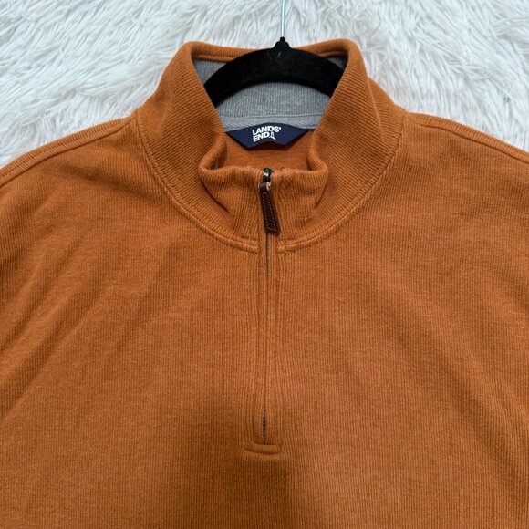 Men Lands End Quarter Zip Cotton Blend Sweatshirt Burned Caramel Size Large - Picture 5 of 7